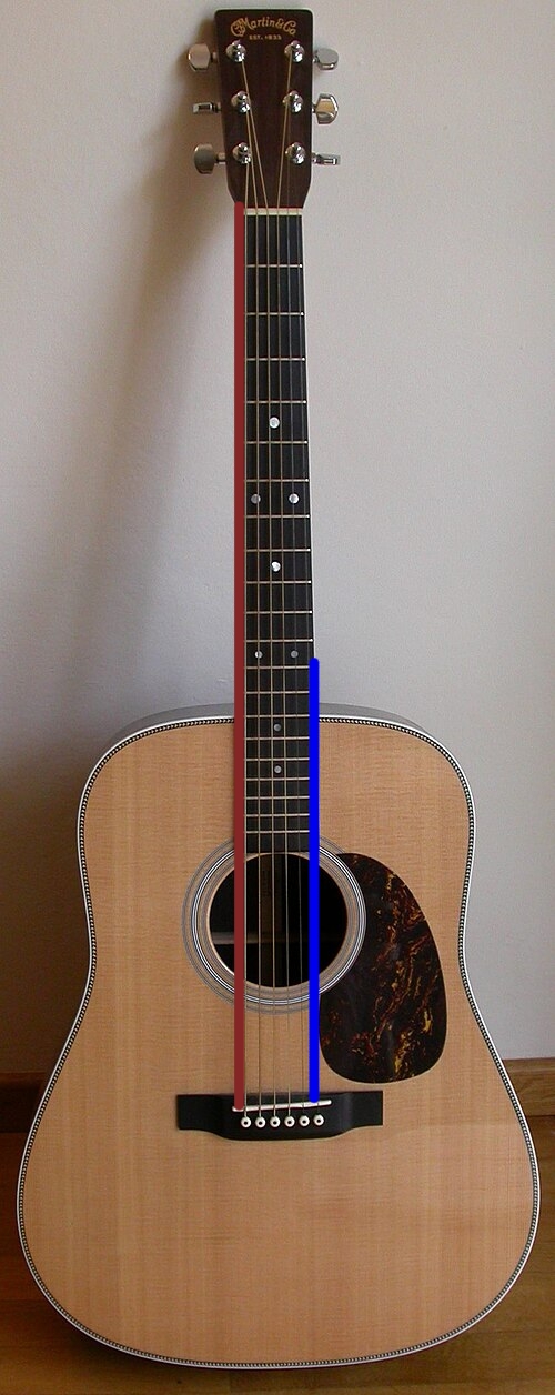 Гитара, на которой красной линией обозначена длина от начала грифа до его конца, а синей от 12 лада до конца грифа